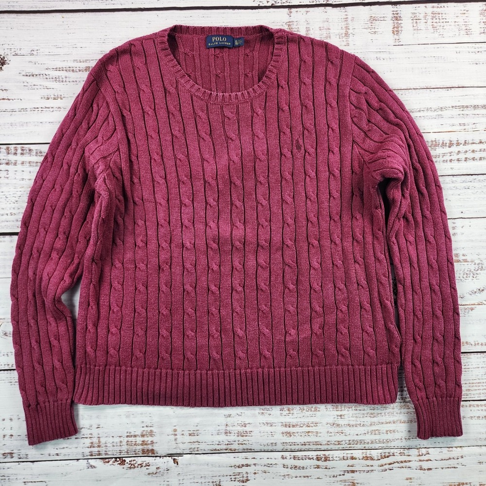 Polo Ralph Lauren Mens XL Magenta Burgundy Cable-Knit Cotton Crew Neck Sweater